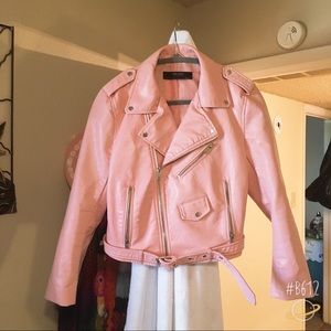 Zara Faux Leather Pink Moto Biker Jacket w/ Belt